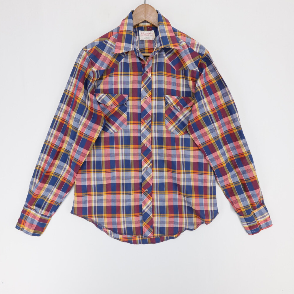 Vintage Wrangler Western Shirt Mens 16 36 Blue Plaid Pearl Snap Long Sleeve USA